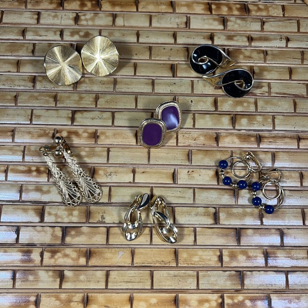 Set Of 6 Pairs Vintage-Inspired Earrings Gold Black & Purple Mixed Metals For Wo